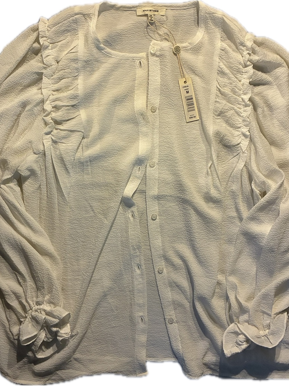 Max Studio White Textured Button-Down Blouse with Ruffle Shoulders
